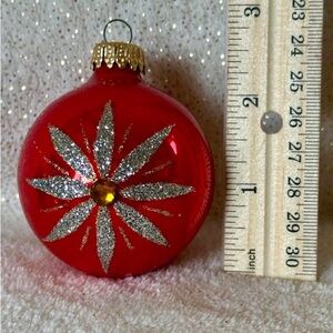 Red Glass Holiday Ornament with Silver Glitter Starburst and Amber Jewel